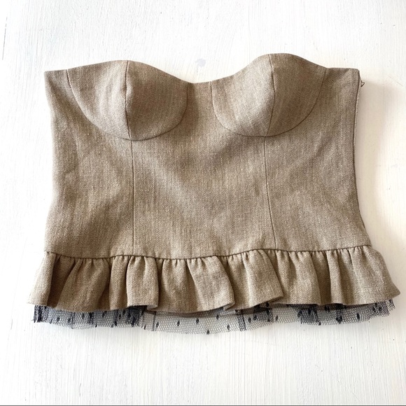 RED Valentino Tops - RED VALENTINO Tan Linen, Lace Trim Bustier (46/L)